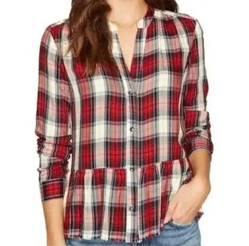 Splendid Red Plaid Edgeware Top Size XS Peplum Raw Hem Button Up Split Neck