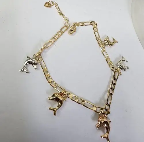 Tricolor Gold Stainless Steel Ankle Bracelet with Dolphin Charms New