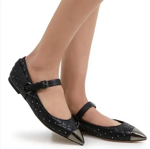 Valentino Garavani Valentino Black Silver Rockstud Quilted Spike Mary Jane Cap Toe Ballet Flats