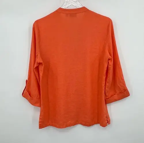 kim rogers  100% linen orange button down pintuck 3/4 tab sleeve blouse