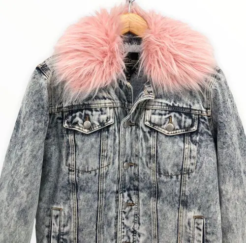 Juicy Couture  Black Label Pink Fur Collar Acid Wash Denim Sherpa Lined Jacket