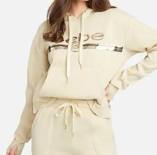 Bebe  SPORT Plus Size Sequin Stripe Pullover Beige Tan Logo Hoodie Sweatshirt 2X