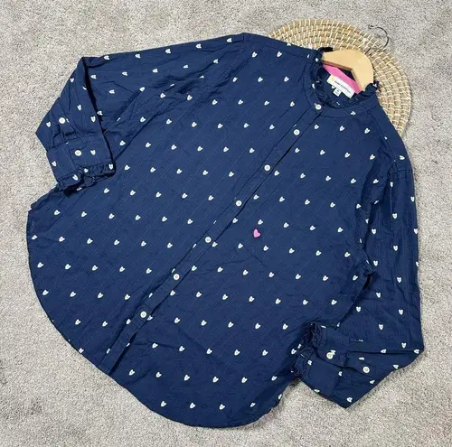 Kerri Rosenthal Women’s Mia Ruffle Button Down Shirt Tiny Heart Print in Navy XL Blue