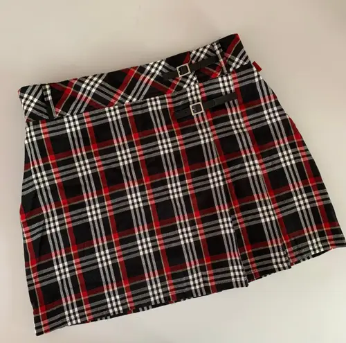 Bongo 90s Y2K  Juniors 16 Red Black Plaid Mini Skirt Front Belt Detail Goth Emo