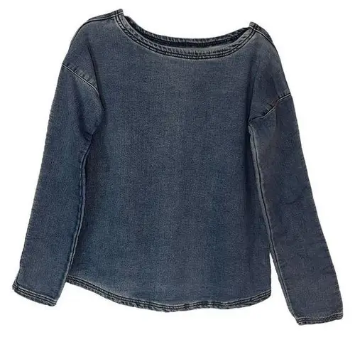 One Teaspoon  Womens Washed Blue Denim Long Sleeve Boat Neck Pullover Boxy Top XS