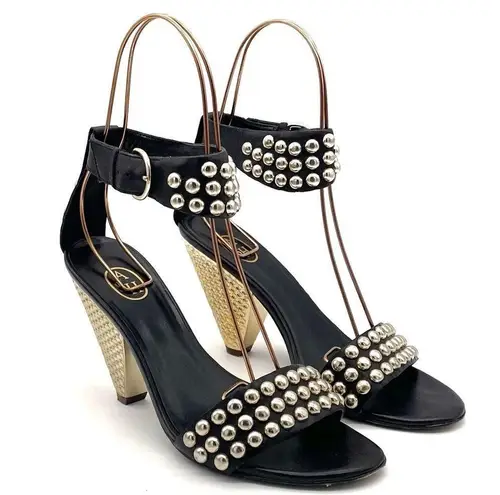 Ash Gold Studded Black Leather Ankle Cuff Heeled Strappy Sandals Size 38 | US 7
