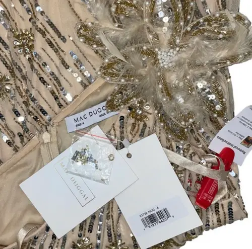 Mac Duggal 93739 Embellished Floral Feather One Shoulder Gown Size 4 Nude Gold