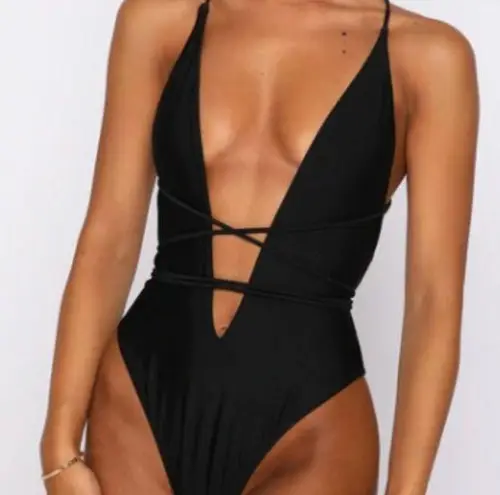 White Fox Boutique White Fox “Daydream Island” black shiny wrap sexy one piece swimsuit swimwear