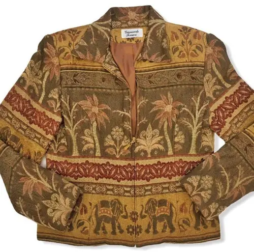 Vintage Giancarlo Ferrari Elephant Print Tapestry Zip Up Blazer Jacket Gold Size 8