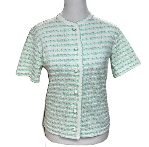 Catalina Sportswear White & Green Short Sleeve Button Down Sweater Size Small