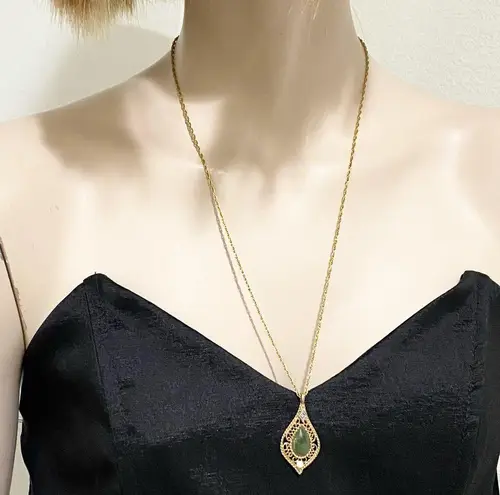 GF Vintage  Filigree Jade Teardrop Diamond Necklace