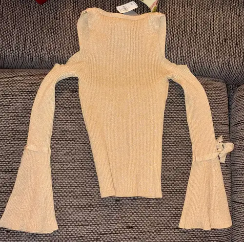 Neiman Marcus NWT $55 Marled, , Cold Shoulder Long-slv Gold Ribbed Sweater, Sz XS - Image 4