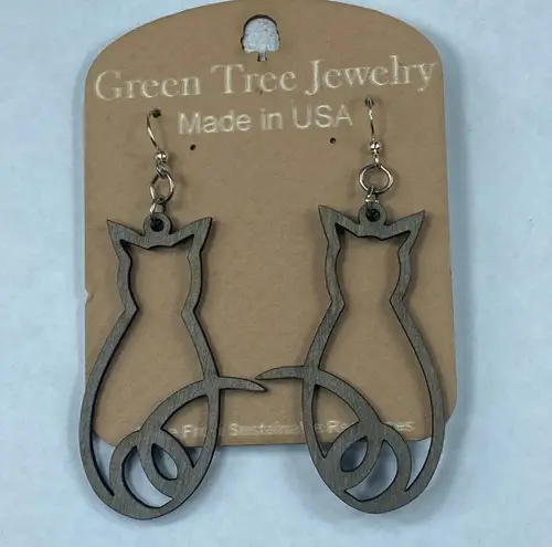 Green Tree Jewelry Kitty Cat Silhouette Wooden Earrings Dangle Drop Hook