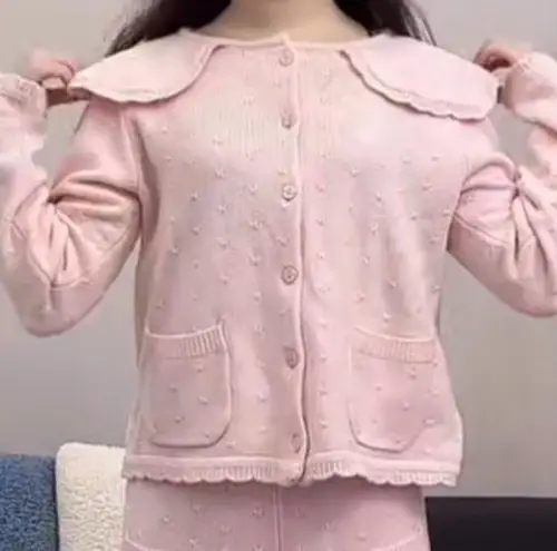 Japanese Kawaii Pastel Pink Knitted Sailor Collar Ruffle Sweater Cardigan Top