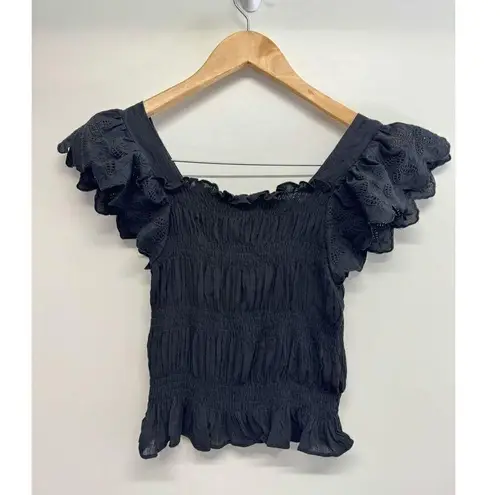 AQUA  Eyelet Cropped Top Flutter Sleeve Size Extra Small Black 100% Cotton NWT - Image 5