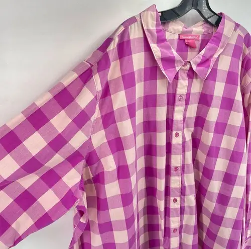 Woman Within  Womens Button Up Shirt Top Check Long Sleeve Purple Pink Size 5X