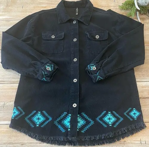 Two Fly Black Corduroy Shirt Jacket Aztec Western Medium