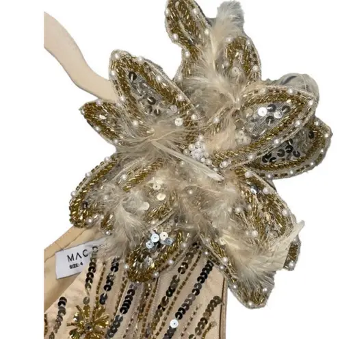 Mac Duggal 93739 Embellished Floral Feather One Shoulder Gown Size 4 Nude Gold