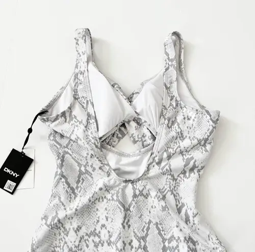 DKNY [] Snake Print White Gray Peek-A-Boo Twist Front One Piece Swimsuit NWT