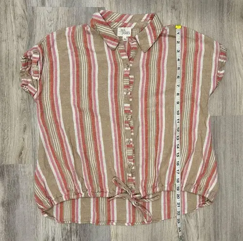 Ava James Linen Blend Short Sleeve Button Shirt Striped Drawstring Top Size M