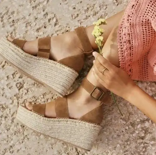 Soludos Palma Walnut Brown Suede Platform Sandal Espadrille Wedges 7.5