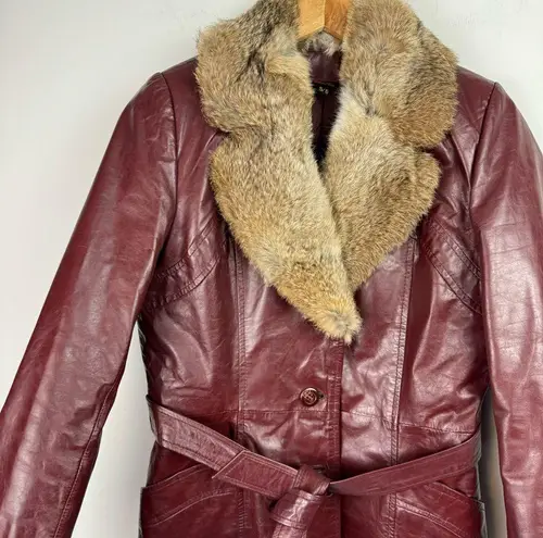 Vintage Leather Rabbitt Fur Trim Trench Tie Jacket Sz 5/6 Maroon Y2K Mob Wife Red