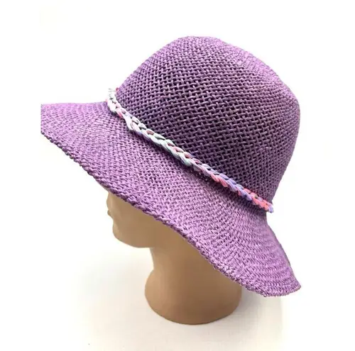 Inverni Hat Purple Raffia Flower Trim Sun Beach Garden Party Floppy Italy