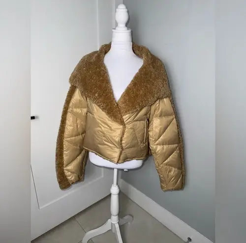 LAMARQUE Sharon Mix Media Down Puffer Jacket in Caramel/ Large Tan