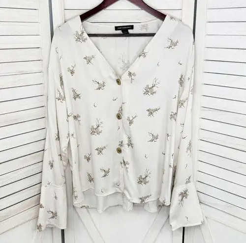 Something Navy  Floral Exaggerated Cuff Button Front Shirt Ivory Tan Large