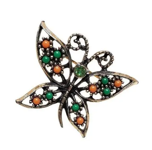 1980 Sarah Cov Butterfly Brooch Pin Costume Designer Jewelry Peach Green Vintage Gold