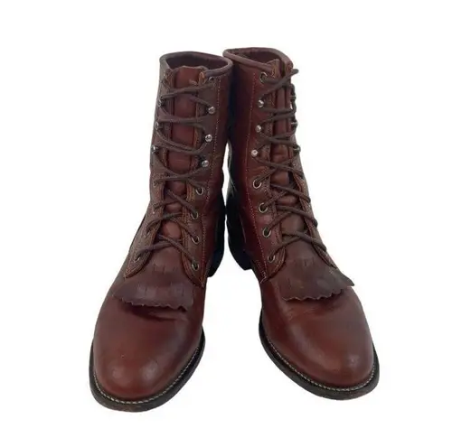 Justin  Kiltie Tassle Brown Leather Western Roper Boots Womens Size 6.5 B Lace Up