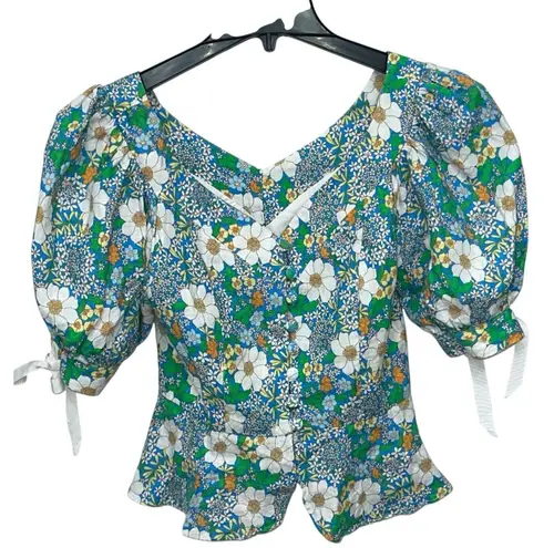 Perseverance London Mambo Floral Puff Sleeve Top Size 6 Floral 100% Linen