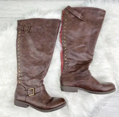 Journee Collection Brown Studded Zipper Faux Leather Riding Boots Women’s Size 9
