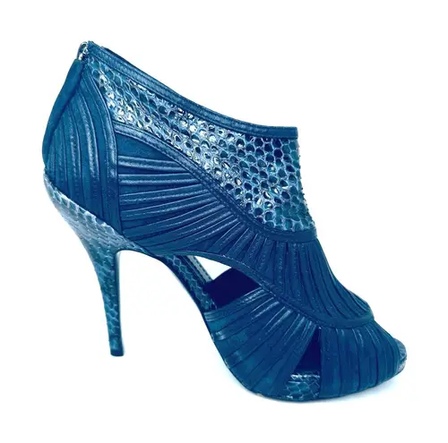 Dior Christian vintage Navy Snakeskin Embossed Open Toe Cutout Booties Size 37