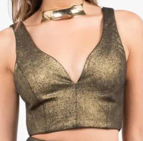 Plunging V Neck Metallic Crop Top S Gold