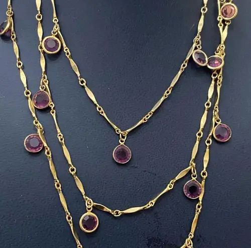 Amethyst Vintage Unsigned Purple Austrian Crystal Charm Gold-tone 54” Necklace