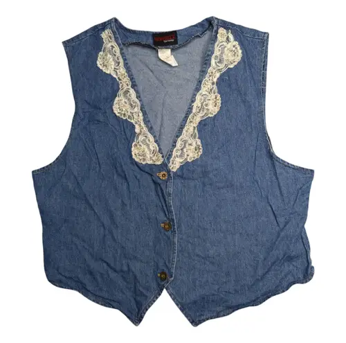 Vtg 1990s Sunbelt Blue Denim Lace Trim Pearl Embellished Button Up Vest XL