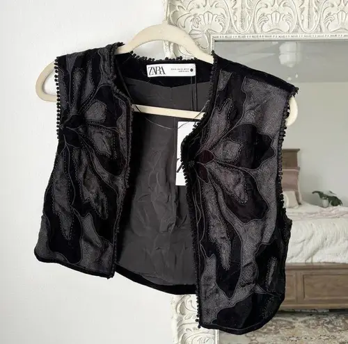 ZARA  Embroidered Velvet Open Front Vest