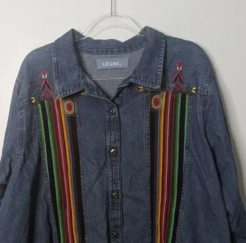 Vintage Y2K Liz & Me Jean Jacket Multicolor Embroidery Tapestry Southwestern 2X