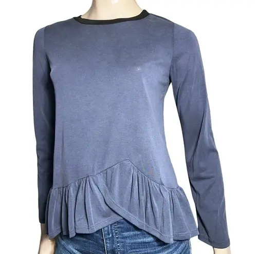 Karl Lagerfeld  Women’s Size XS Navy Blue Black Trim Long Sleeve Ruffle Hem Top