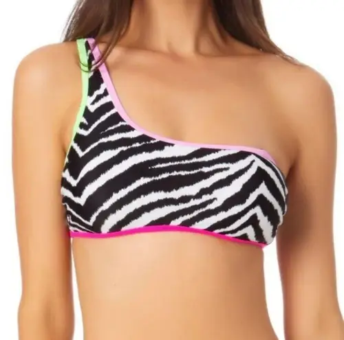 California Waves Juniors’ Printed Asymmetric Bikini Top Black Pink Lime L NWT