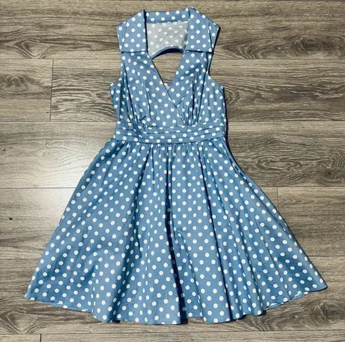 Bailey blue Women Sky Blue Polka Dot Retro V-Neck Cut Out Back Flared Dress Sz S
