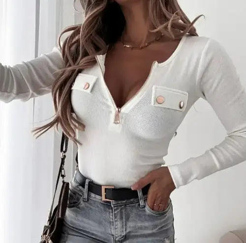 Chicme White Ribbed Zip Up Tunic Top