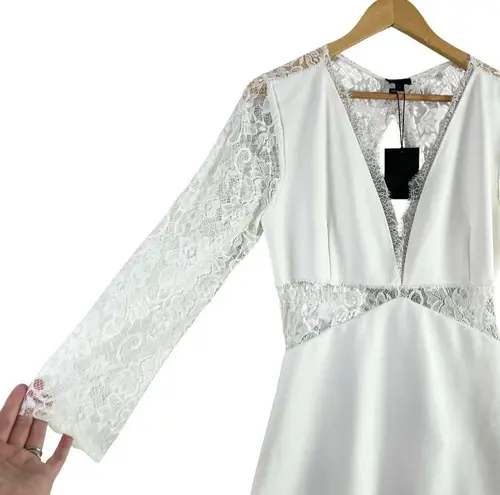 NBD NWT  x Revolve White Lace Long Sleeve Open Back Mini Dress, Size Large