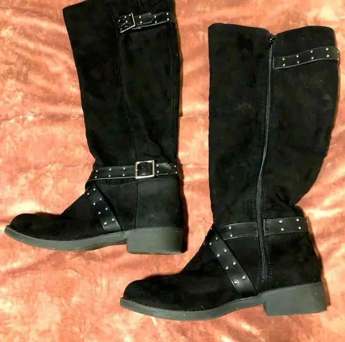 REPORT ARVADA BLACK SUEDE KNEE HIGH ZIP UP WOMENS BOOTS WITH BUCKLE SIZE 5.5