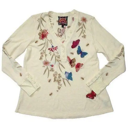Johnny Was NWT Aria V-neck Thermal Henley in Brie Ivory Butterfly T-Shirt M