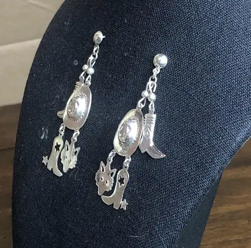 Sterling Silver Vintage Western Drop Dangle Hat Boots Spurs Coyote Post Earrings