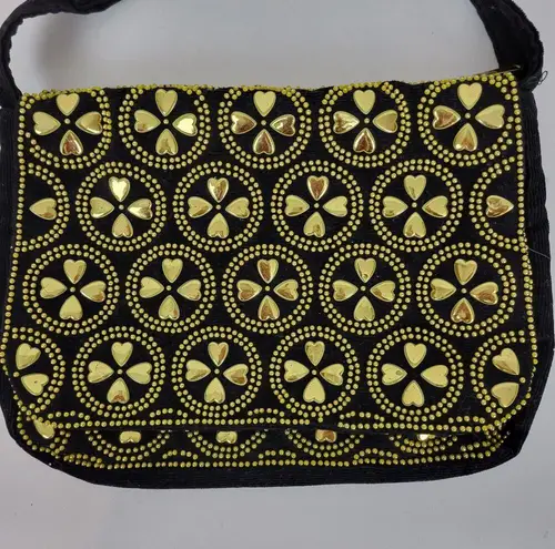 Vintage Retro Womens Bag Black Gold Beaded Studded Corduroy Purse Hong Kong