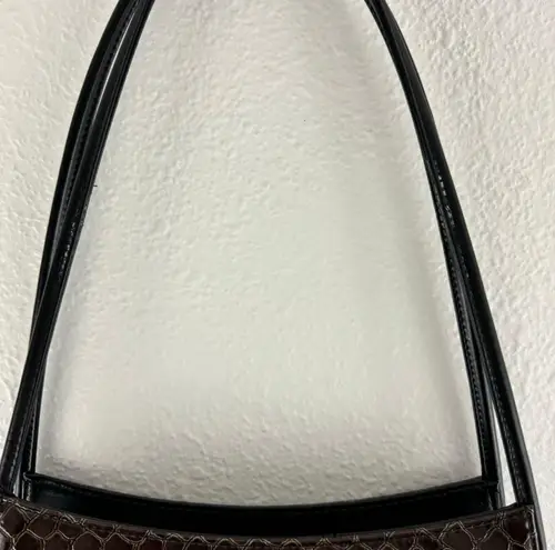 Vintage 90s Black Dark Brown Shiny Faux Leather Croc Embossed Shoulder Bag