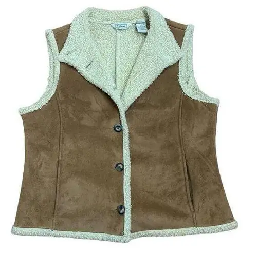 LL Bean women's large vest faux suede and Sherpa lined gorp tan camel